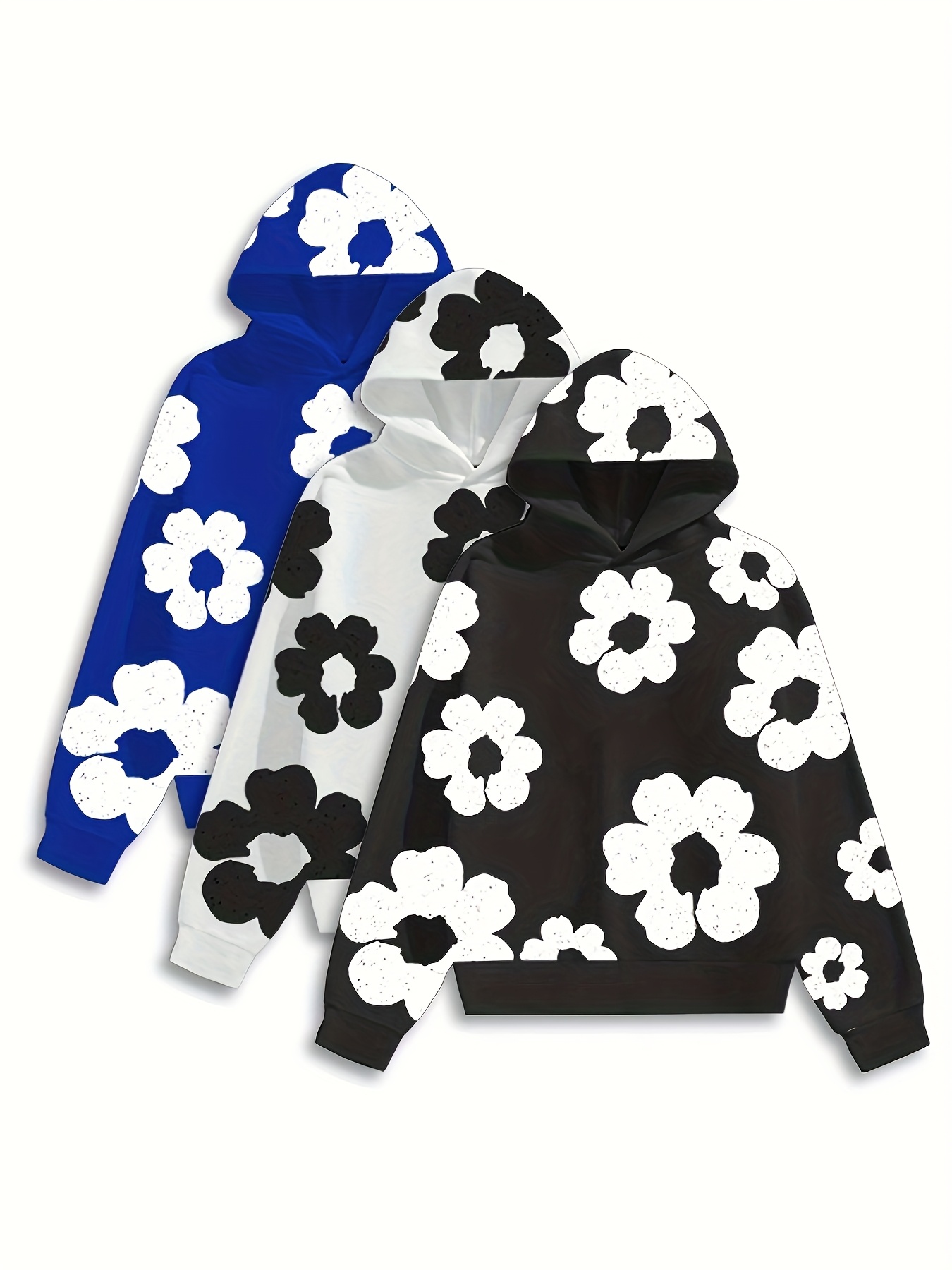 3pcs *'s Floral Print Hooded Sweatshirt Set Oversized White Black/Blue  Flower Sweaters, Casual Layered Outfits, Machine Washable Regular Fit