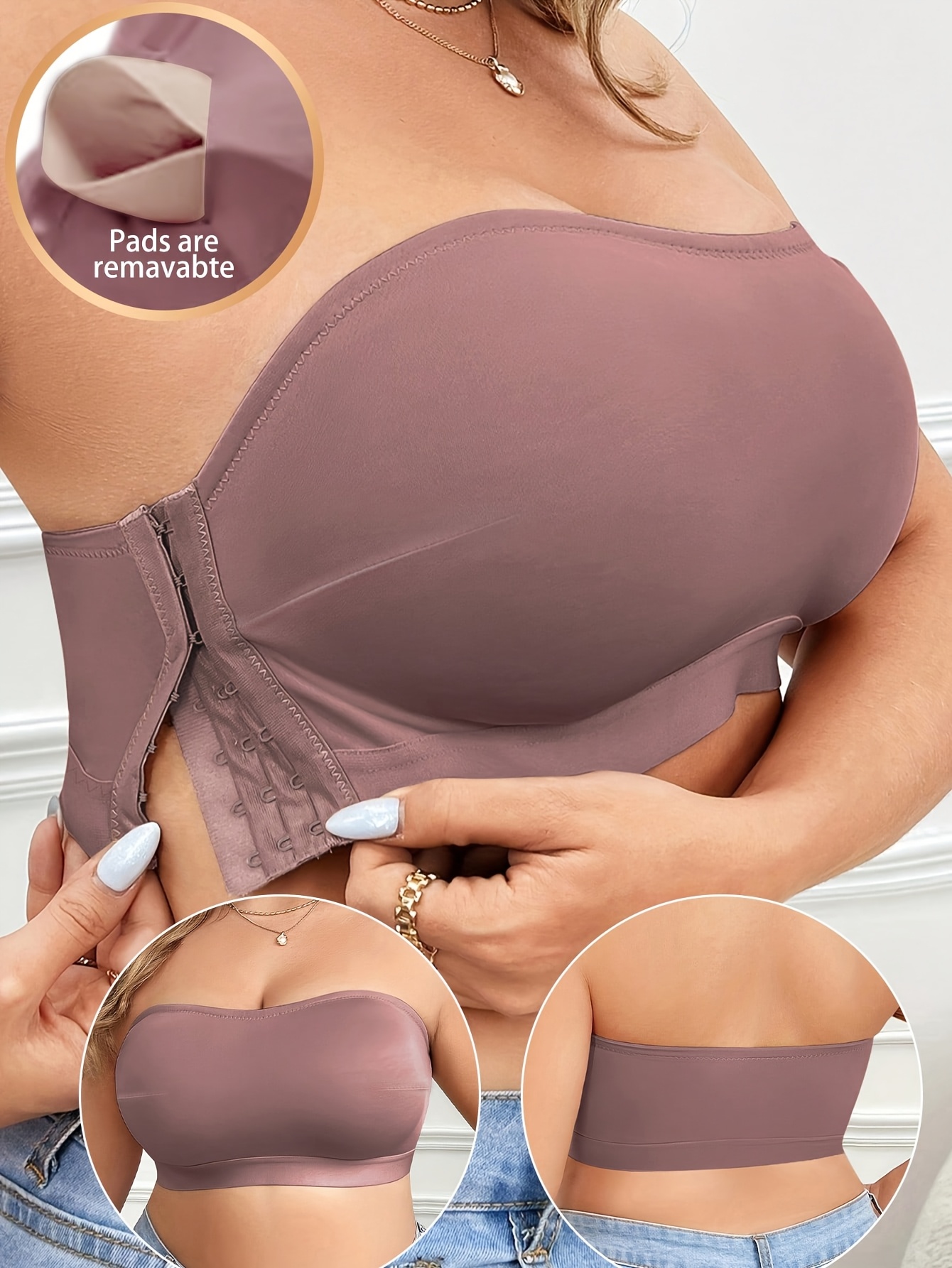 plus size womens comfortable bra with removable chest pads soft stretchy solid color round neck side opening design no underwire machine washable for everyday special occasions casual to formal wear
