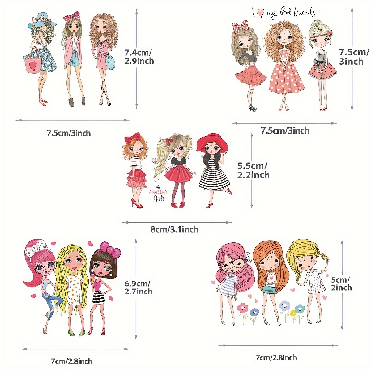 5pcs Small 3 Cute Cartoon Girls Heat Transfer Stickers, Sketching Glasses Girl Iron On Patches Heat Transfer Printing For T-shirt Clothing Bag Mask Washable Without Fading Stickers