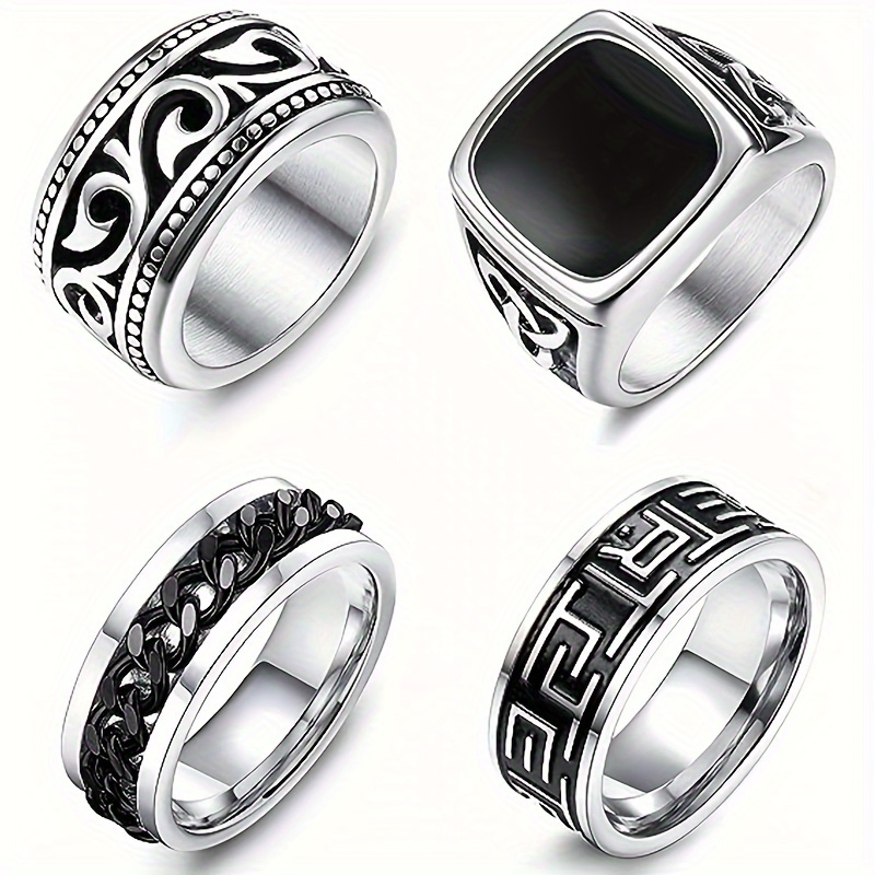 

Vintage -piece Men' Steel Ring Set - Greek Seal, Engraved, Thumb, And Vintage Designs - 304 Stainless Steel, Non-plated Jewelry Collection