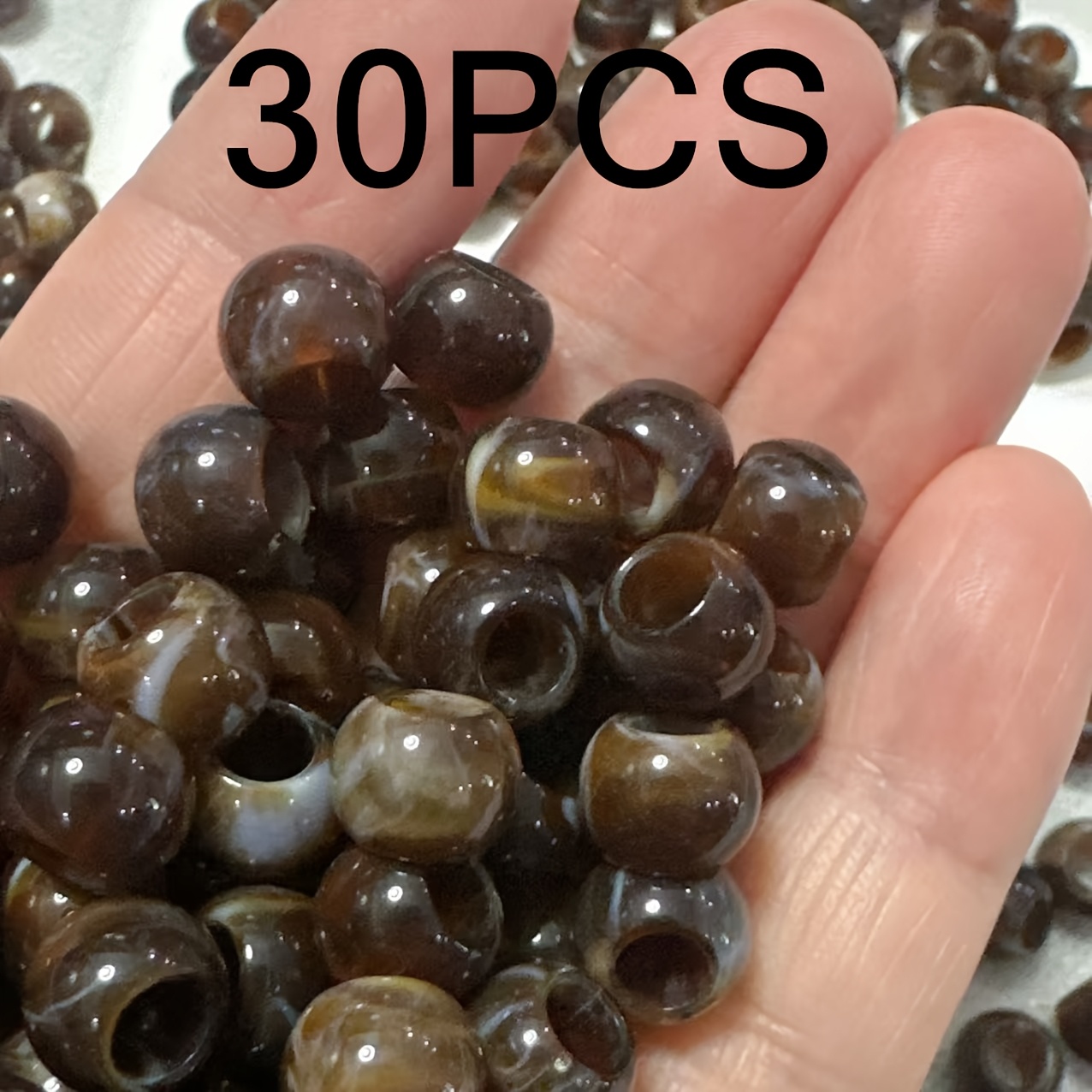 TEMU 30pcs Cuentas Redondas de Agate Retro Marrón con Agujero Grande de 10Mm, Cuentas Artesanales Adecuadas para Pulseras, Collares, Aretes, Ropa,