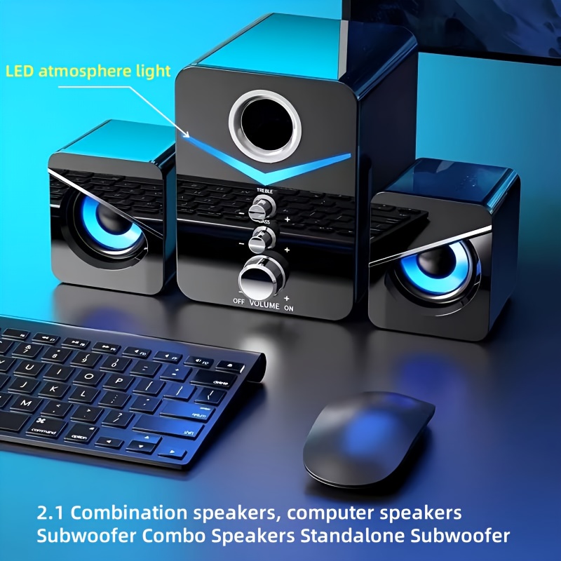 TEMU New Professional 9d 3-in-1 Surround Sound Computer Speakers With Led Ambient Light, Desktop /2.1 Channel Surround Sound/computer Speakers -