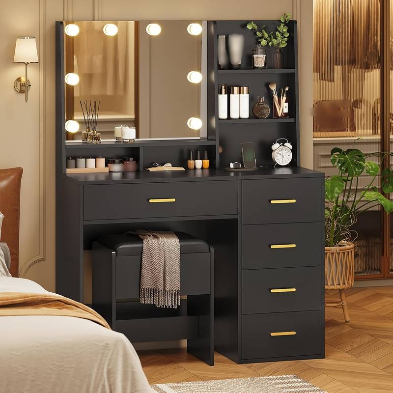 Chaise De Coiffeuse Avec Dossier - Cuir PU, Cadre Bois Massif, Rembourrage Éponge - Pour Salle De Maquillage, Chambre