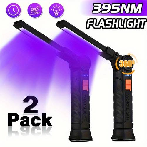 2pcs led rechargeable flashlights outdoor plastic blacklight hand held lamp foldable flashing torch with magnetic base for pet urine hotel inspection emergency check dye detector work light