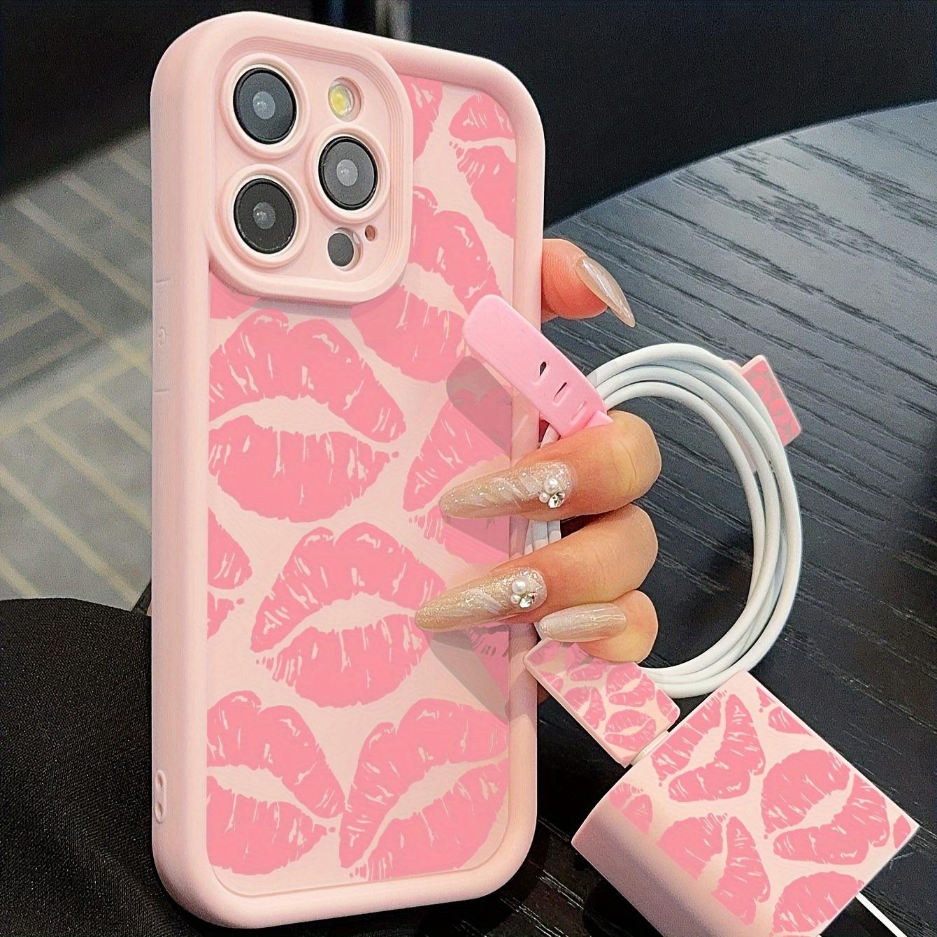 5pcs set of colorful heart-shaped pink mobile phone cases + data cable protective cases, compatible with Apple fast charging cables, suitable for iPhone11/12/12promax/13/13promax/14/14pro/14plus/14promax/15/15pro/16/16plus/16promax/16pro/15promax protective set - Image 4