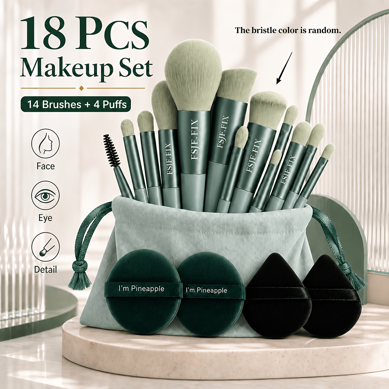 TEMU FSJF Ensemble de Pinceaux de Cosmétique de Pinceaux de Cosmétique Verts de Luxe - Ensemble de 18 pièces, comprenant 14 pinceaux de Cosmétique et