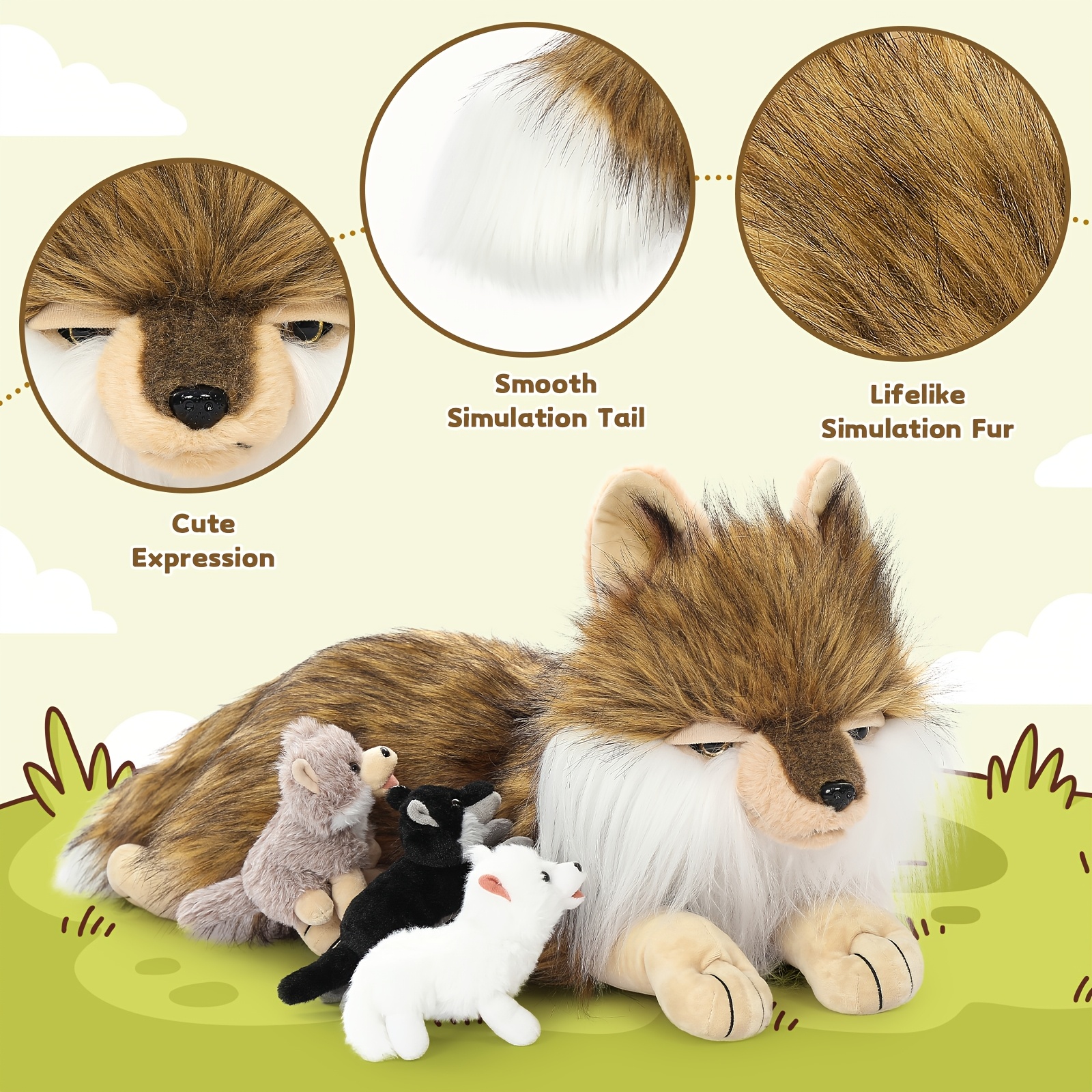 4pcs Mother & Baby Wolf Plush Set, 50cm Soft Toy
