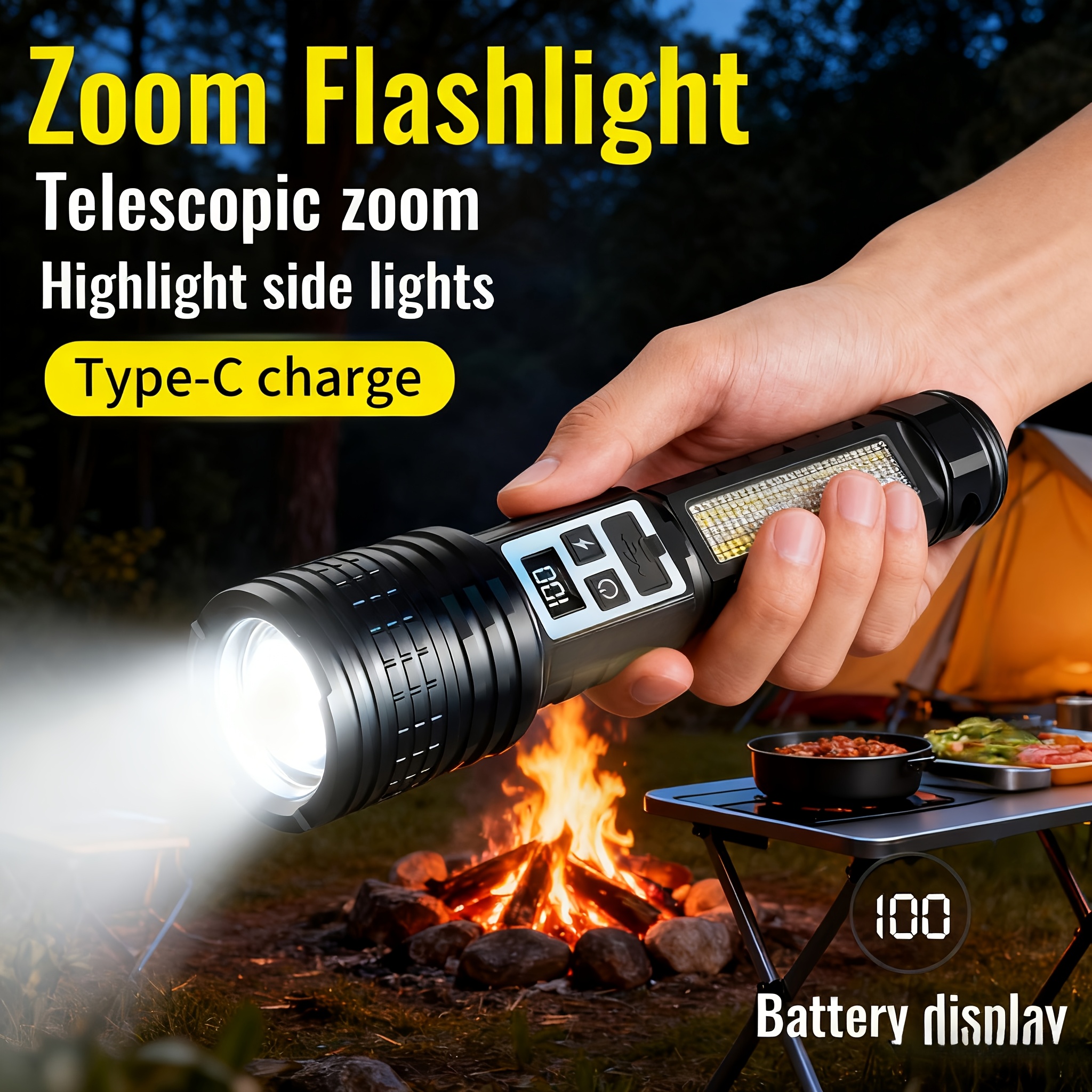 E-shop Outdoor Hochleistungs-Fernbereichstaschenlampe, ultrahelle, extra große, verstellbare Teleskop-Zoom-Taschenlampe, IP66, LED-Suchscheinwerfer –