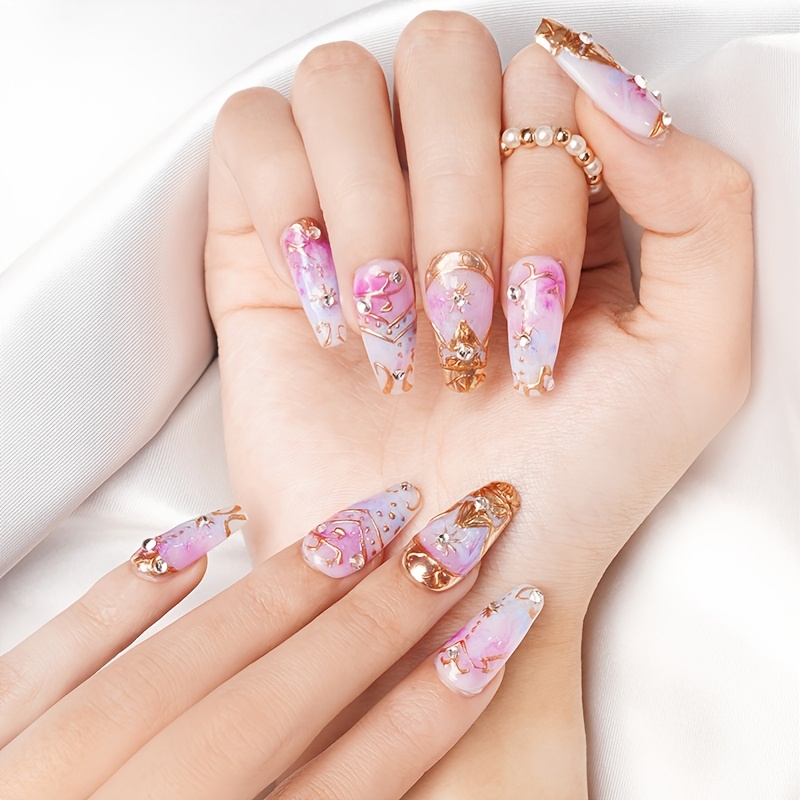 

Handmade -shaped Medium Length Nail Wraps With Hand- Golden Patterns And Stone Embellishments, Purple And Golden - Ideal For Holiday Parties, , Birthdays