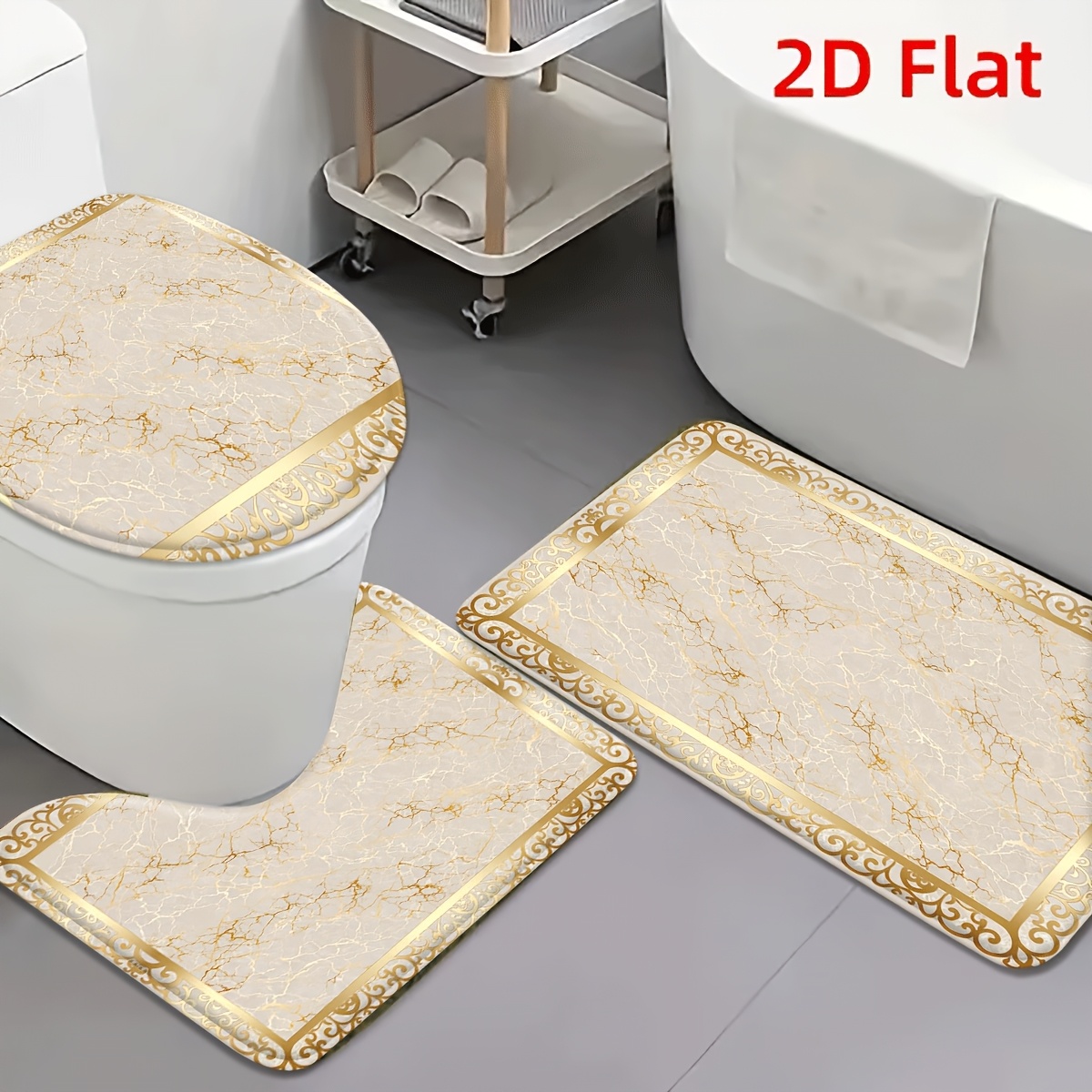 TEMU 2d Flat 3pcs Flannel Non-slip Toilet Mat Set Elegant Border Design, Soft Absorbent Bath Rug For Bathroom, Entrance, Bedroom, Living Room