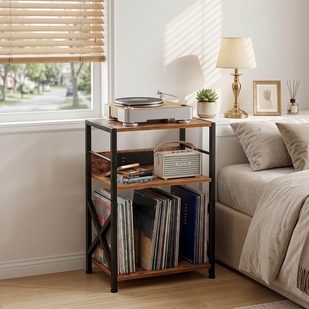 Wooden Record Player Stand with Socket, 3 Layers for 200 Albums