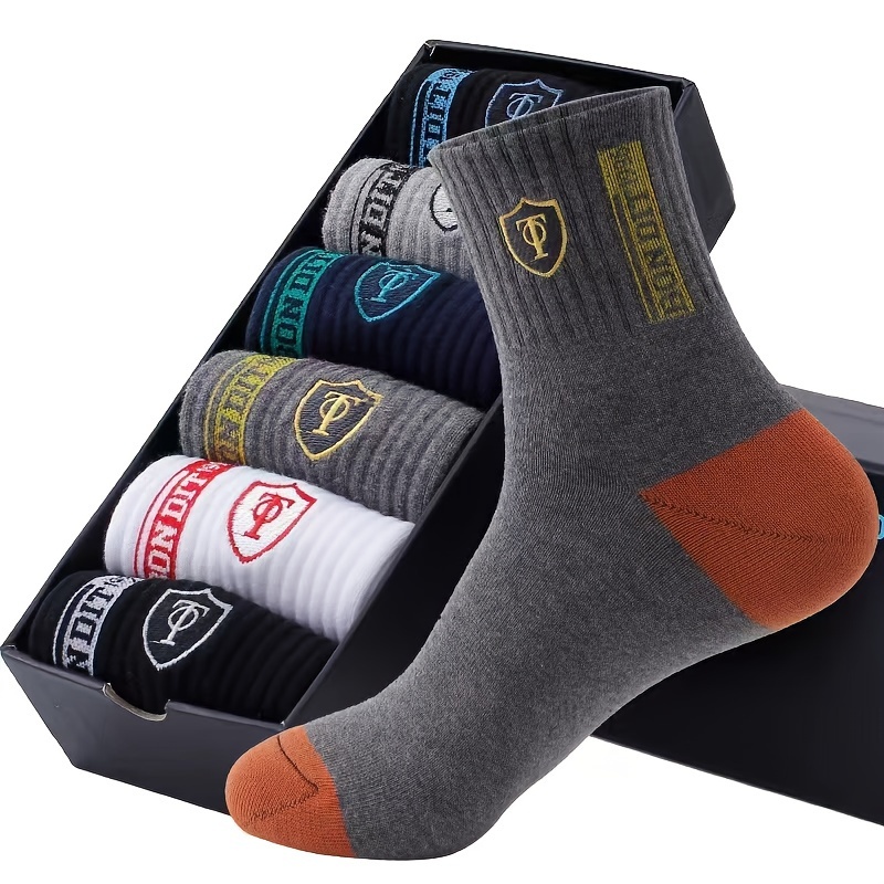 

5-pack Men's Crew Socks, Breathable Polyester, Soft & Autumn Casual Wear, Letter Pattern, Knit Fabric, Machine Washable