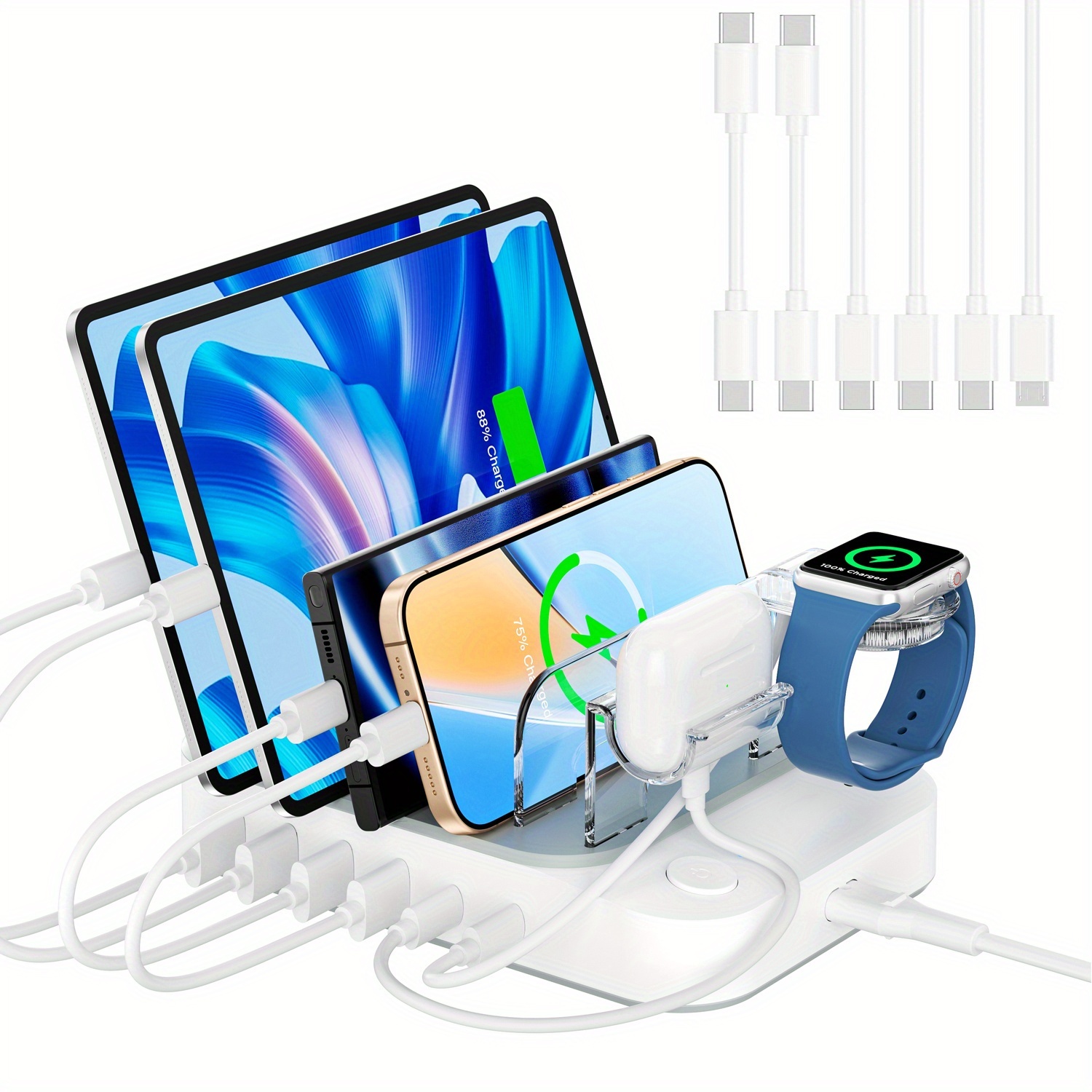 Image of Soopii 60w 6-port Usb Charging Station For Multiple Devices, 2 Pd 20w Usb C For Iphone 17/16/15, 2-in-1 Holder, 6 Cables Included For Phones, Tablets And Other Electronic Devices, Gifts. Holiday Gifts