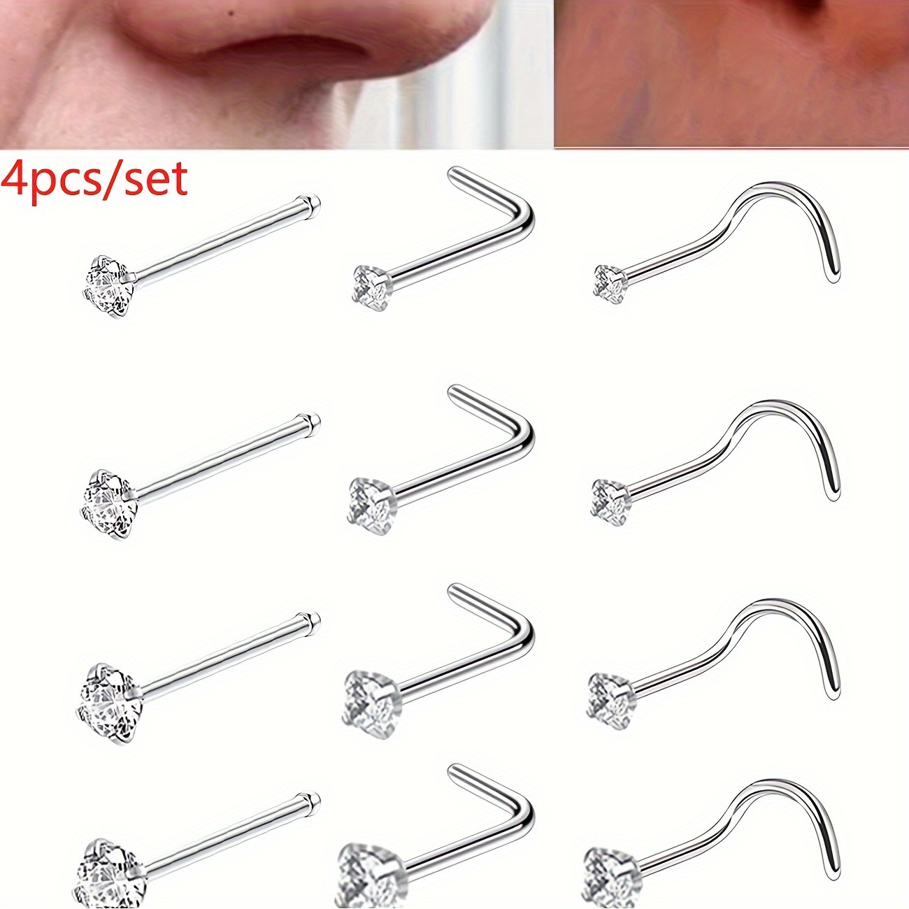 

4pcs Set Of Straight Rod L Rod S Rod Stainless Steel Zirconia Nose For Men And Women