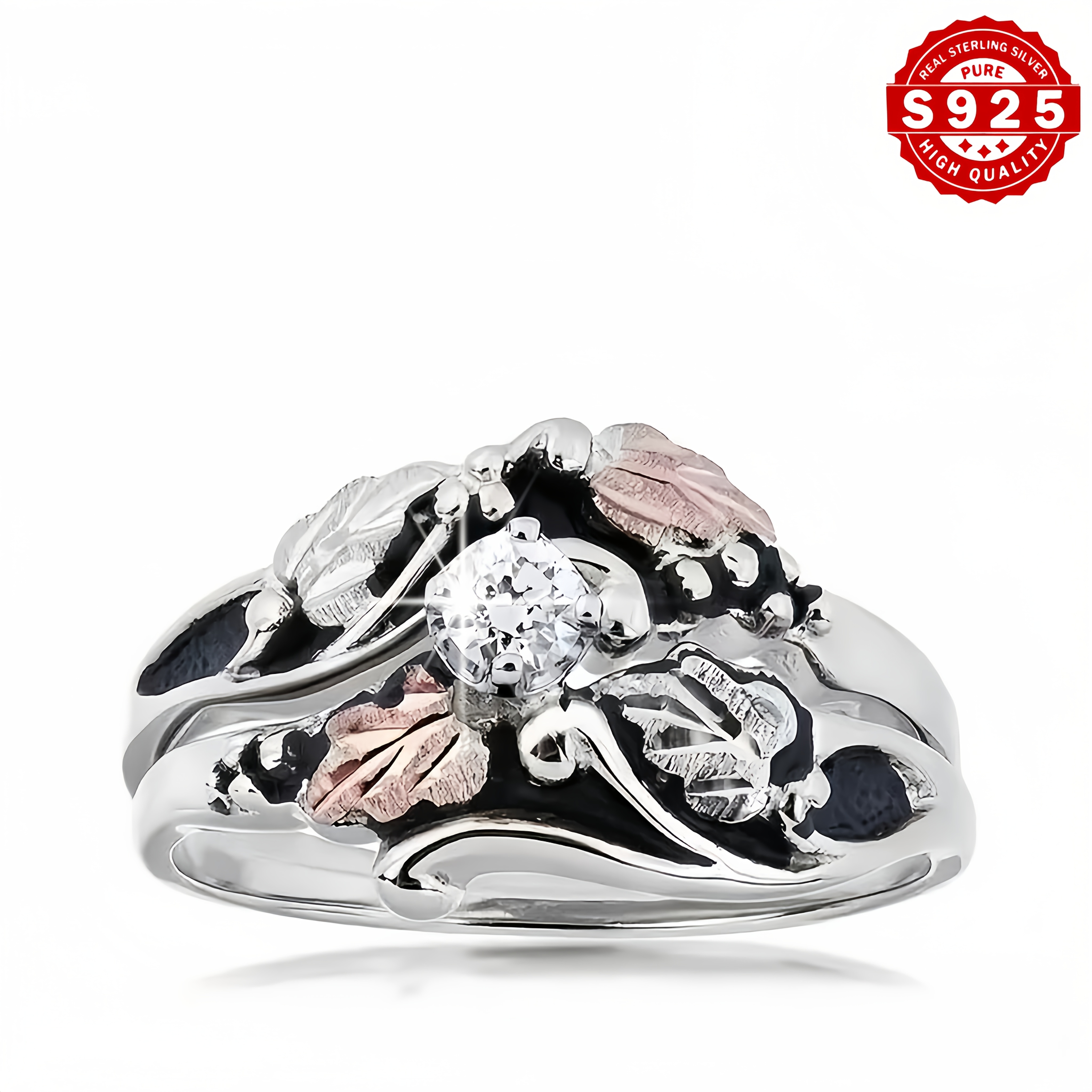TEMU 2pcs Elegant S925 Sterling Silvery Ring Set With Leaf Design And 5a Grade Synthetic Cubic Zirconia Inlay, In Golden And Silvery, Suitable For