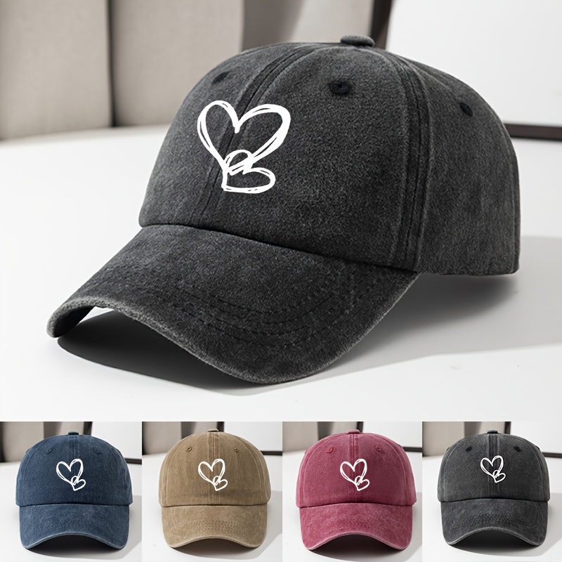 

Adjustable Vintage Washed Denim Baseball Cap, Unisex Dad Hat With Heart Print, Hip-hop Style Peaked Hat, Versatile Sun Protection Outdoor Cap