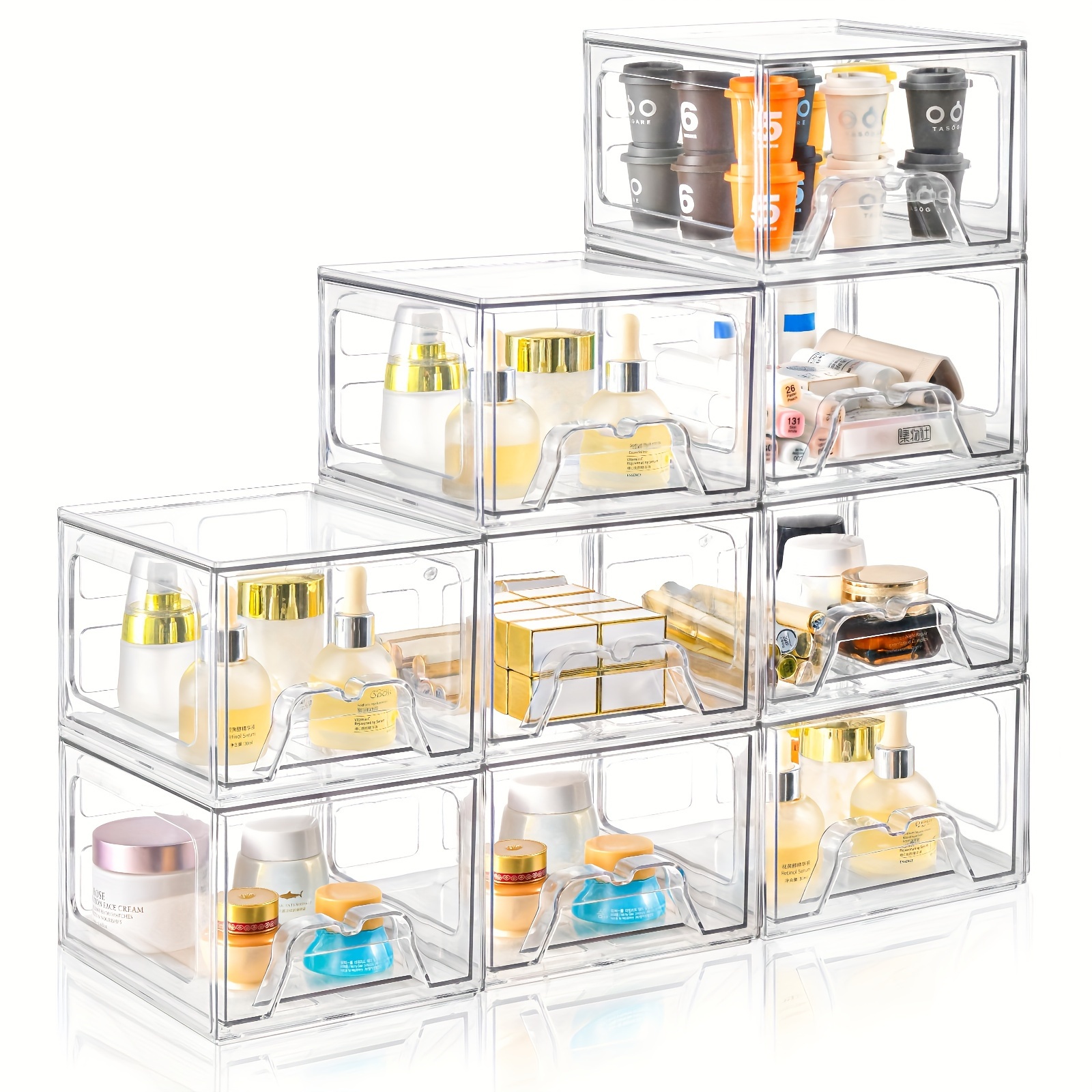 

4/8 Pack Clear Stackable Storage Drawers, Makeup Organizer, Storage Bins For Vanity, Undersink, Kitchen Cabinets, Pantry, And Storage, 4.4'' Tall Acrylic Bathroom Makeup Organizer