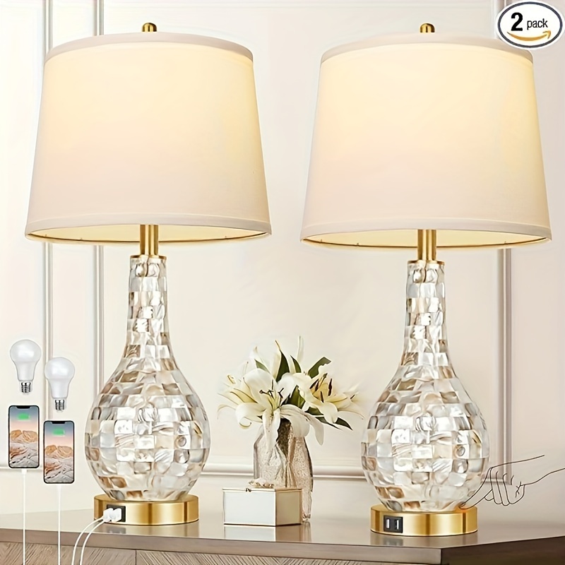 

Rottogoon Gold Table Lamps For Living Room Set Of 2, Modern Coastal Bedside Shell Pearl Tiles Nightstand Lamp With Usb Ports 3-way Touch Control Lamp For Bedroom Home Decor (2700k Led Bulbs Included)
