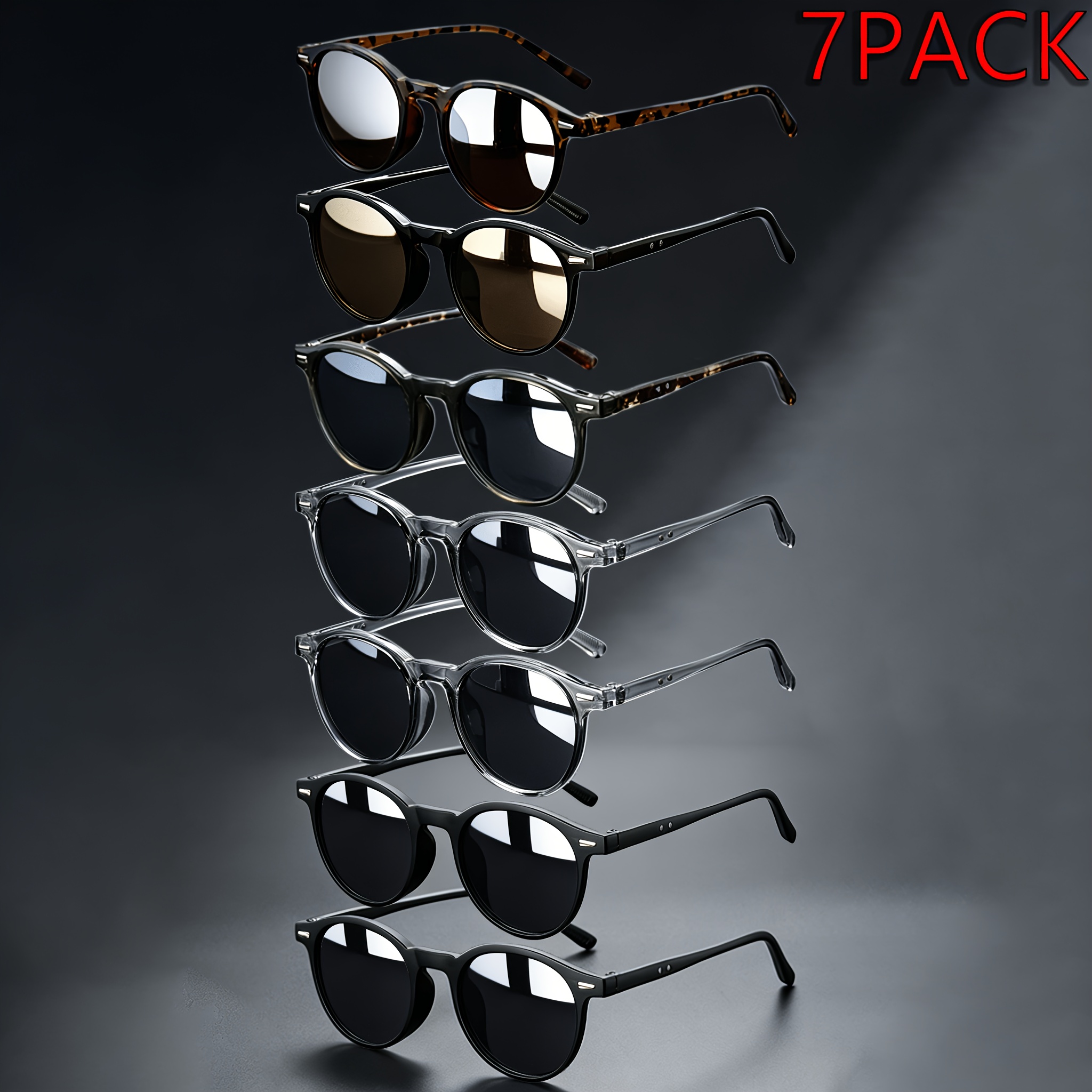 Image of 7-pair Pack Fashion Trendy Round Frame Sunglasses, Unisex - Ideal For Street Style, Parties, Music Festivals, Concerts And Gifting, Petite Face , Without Battery