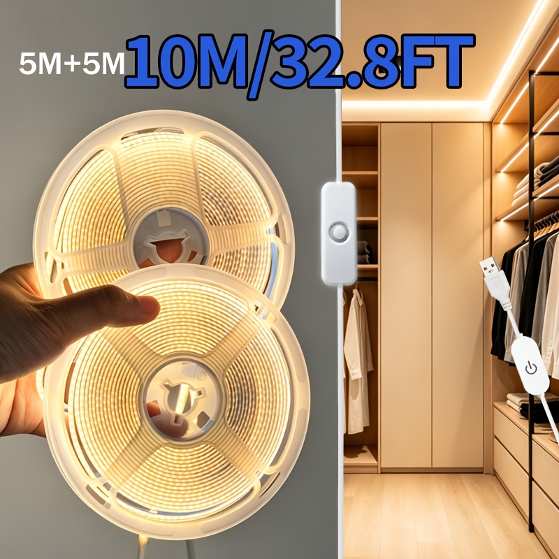 TEMU 2pcs 10m 5v Usb Cob Led , Touch Dimmable Warm Uniform Lighting, Flexible Self-adhesive Strip, Ideal For Camping Tent, Kitchen Cabinet, Closet,