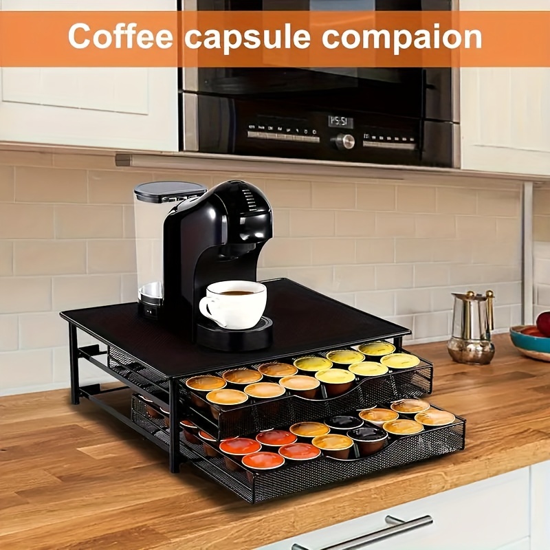 

Tiroir de rangement pour capsules de café pouvant contenir 72 capsules, organisateur de capsules de café à 2 niveaux, porte-capsules de café en acier au avec tiroir à grille, adapté pour , et à café