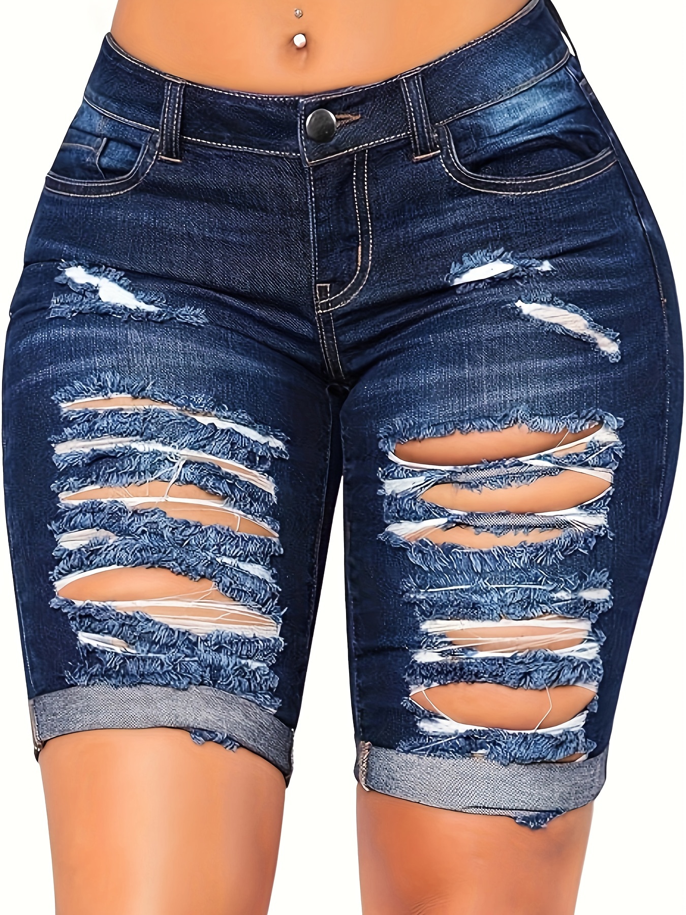 Ripped Roll Hem Knee Length Denim Shorts High Stretch Medium - Temu