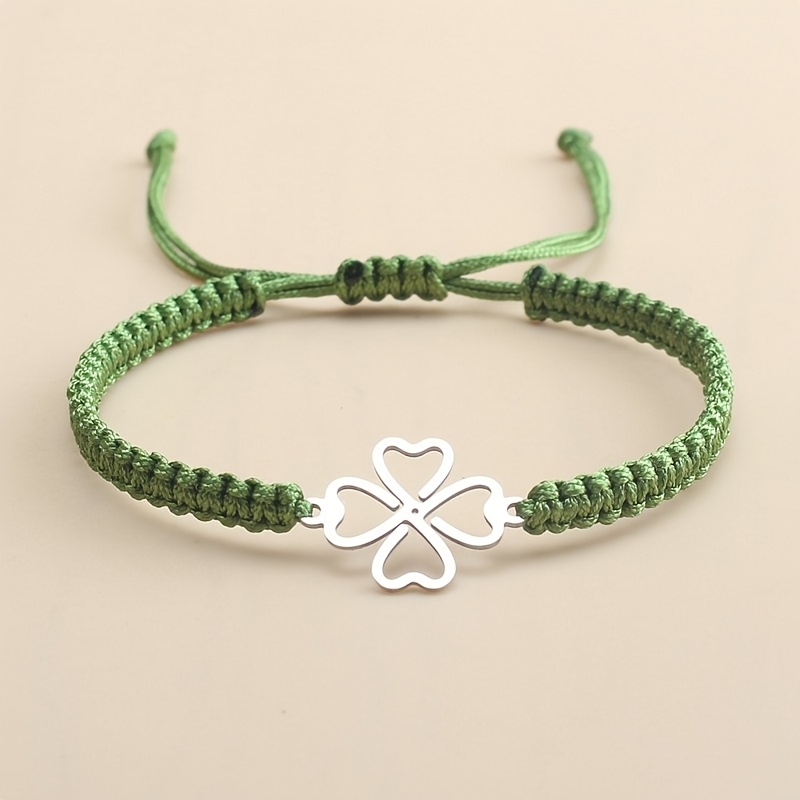 Image of 1pc Nylon Rope Braided Adjustable Stainless Steel Clover Bracelet, 19 Colors , Suitable For Men And Women' Wear, Gift For