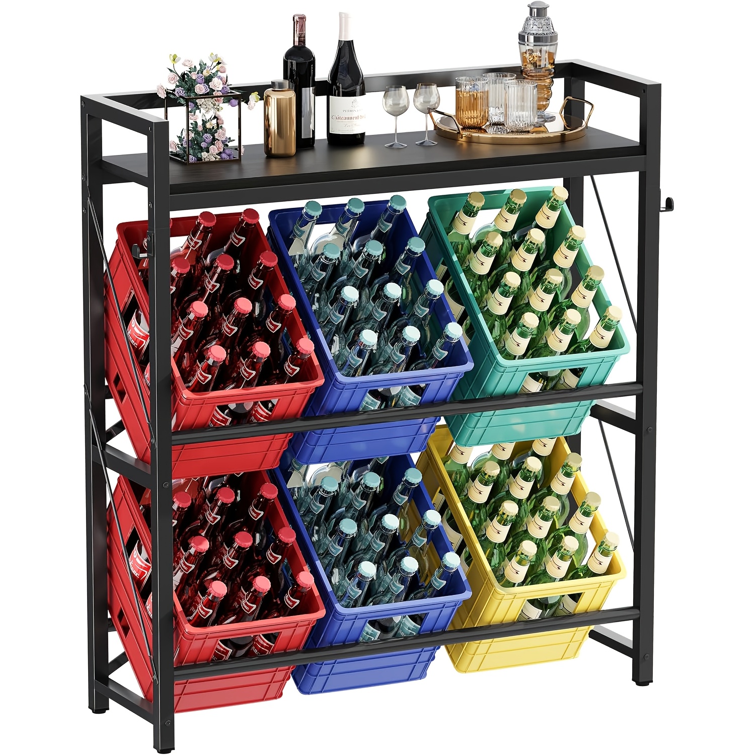 Image of Youdenova Beverage Crate Rack, Beverage Rack With Shelf For 6 Crates, Crate Rack, Freestanding Crate Stand, Beer Crate Stand, Utility Racks