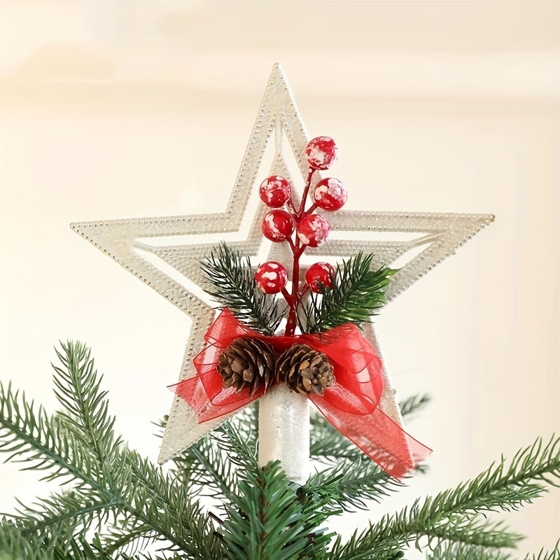 

Rustic Christmas Tree Topper - 1pc Plastic Five-pointed Star With Design, No Battery Needed, Holiday Decor