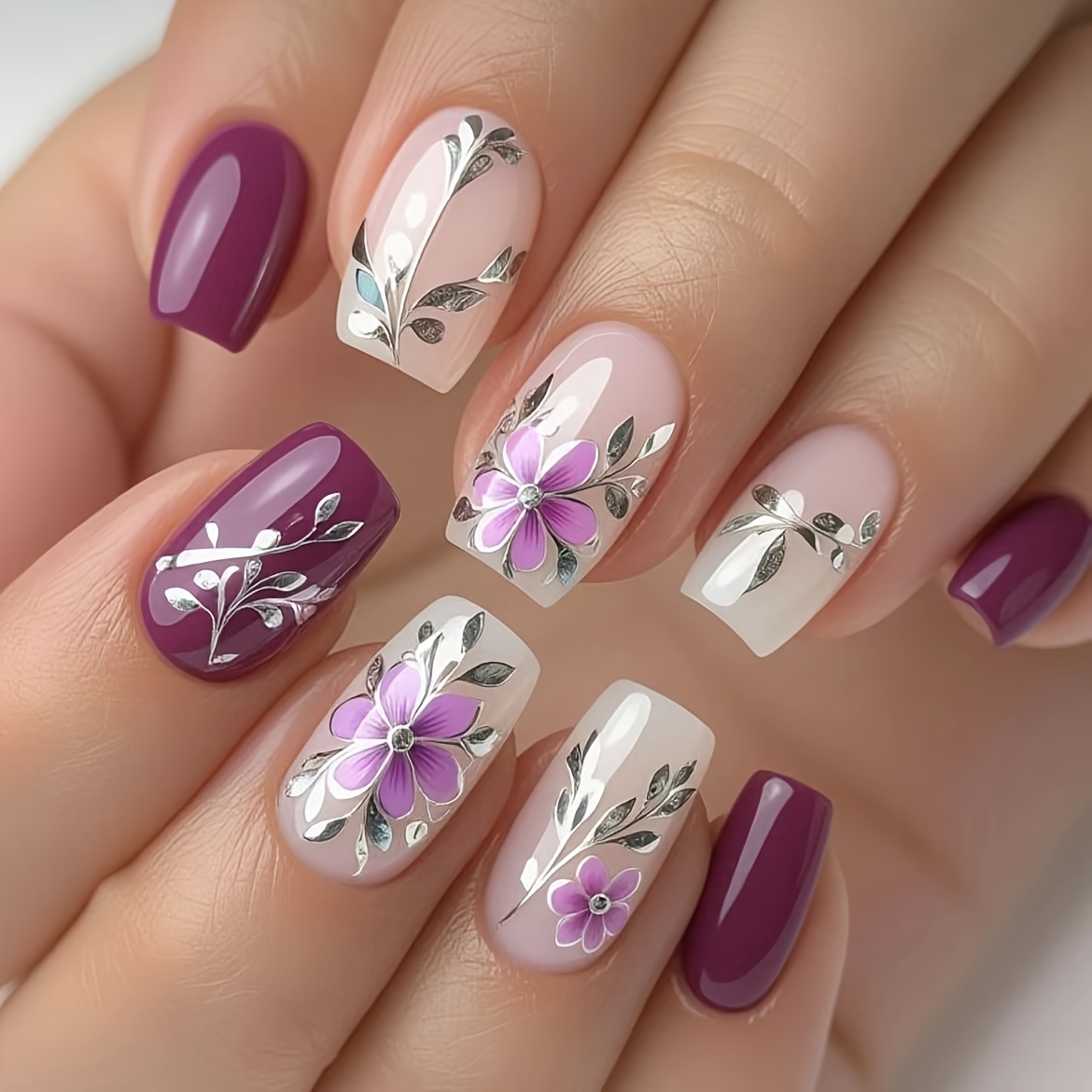 E-shop Handbemalte Lila Blumen Silberzweig Nagelaufkleber, Farbblock Verlauf Press-on Nägel, Nischen Leicht Luxus Stil Kunstnägel