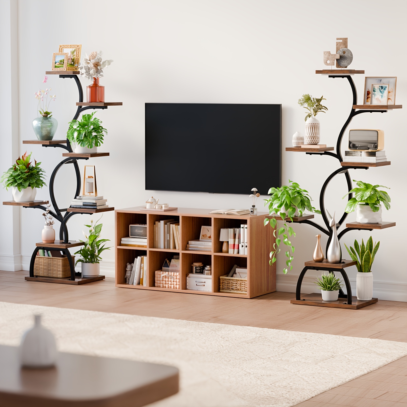 1pc Bookshelf with LED Lights- 8 Tier 123cm Multi-functional Metal Display Shelf Corner for Books Magazines Photo Frames, Vases, 48.7