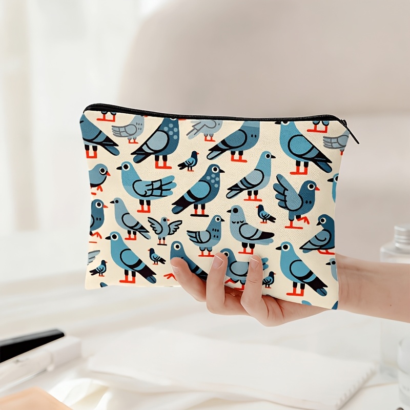 TEMU " Who Pigeons" Makeup Bag, 1pc Cartoon Blue-gray Pigeon And Orange Claw Double-sided Printed Cosmetic Bag, Travel Toiletry Bag, Multifunctional