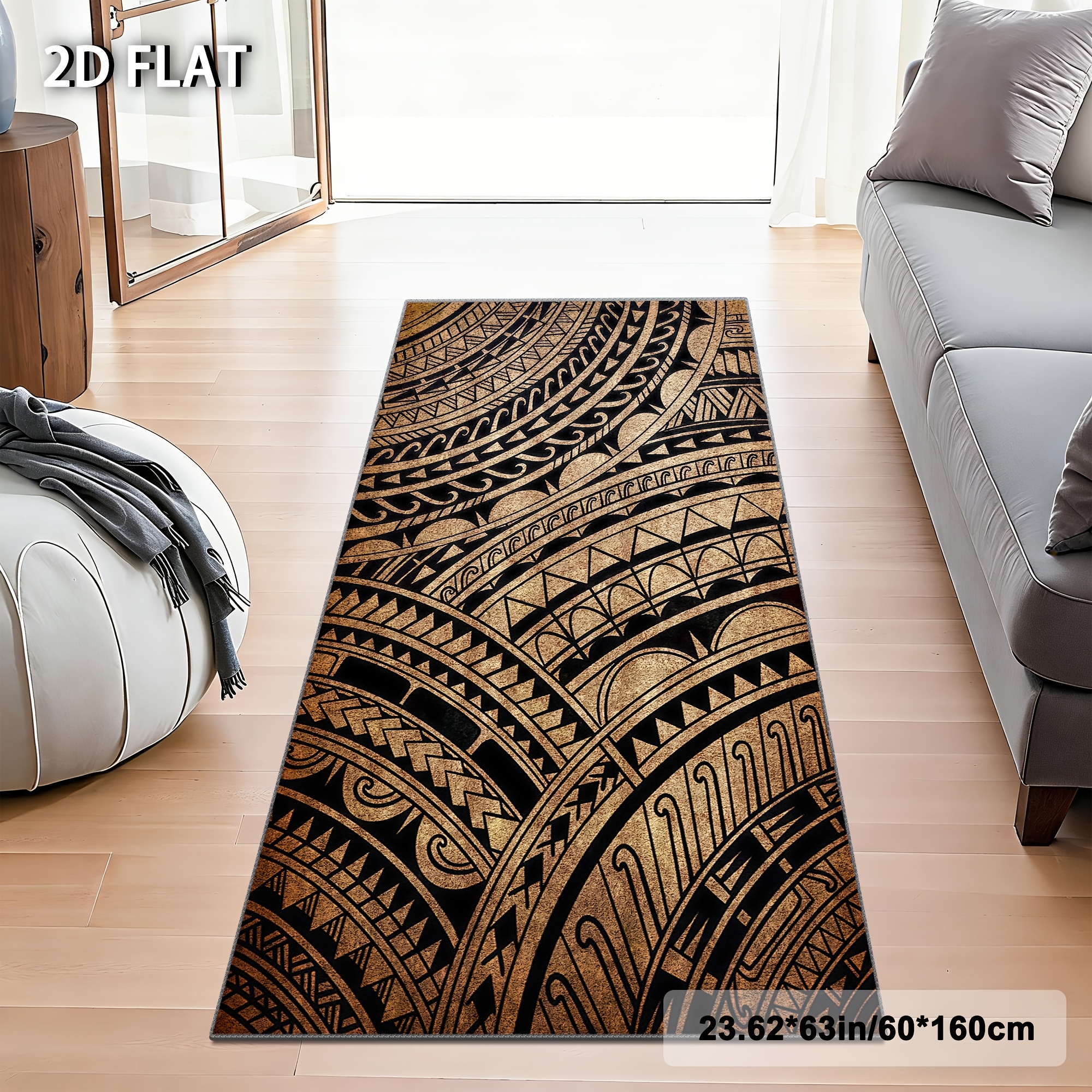 TEMU [ Long Runner Rug] 1pc Polynesian Totem Vintage Runner Rug 17.72 .24 Inches 850g/m² Fleece Non-slip Absorbent 7mm Medium Thickness Suitable For