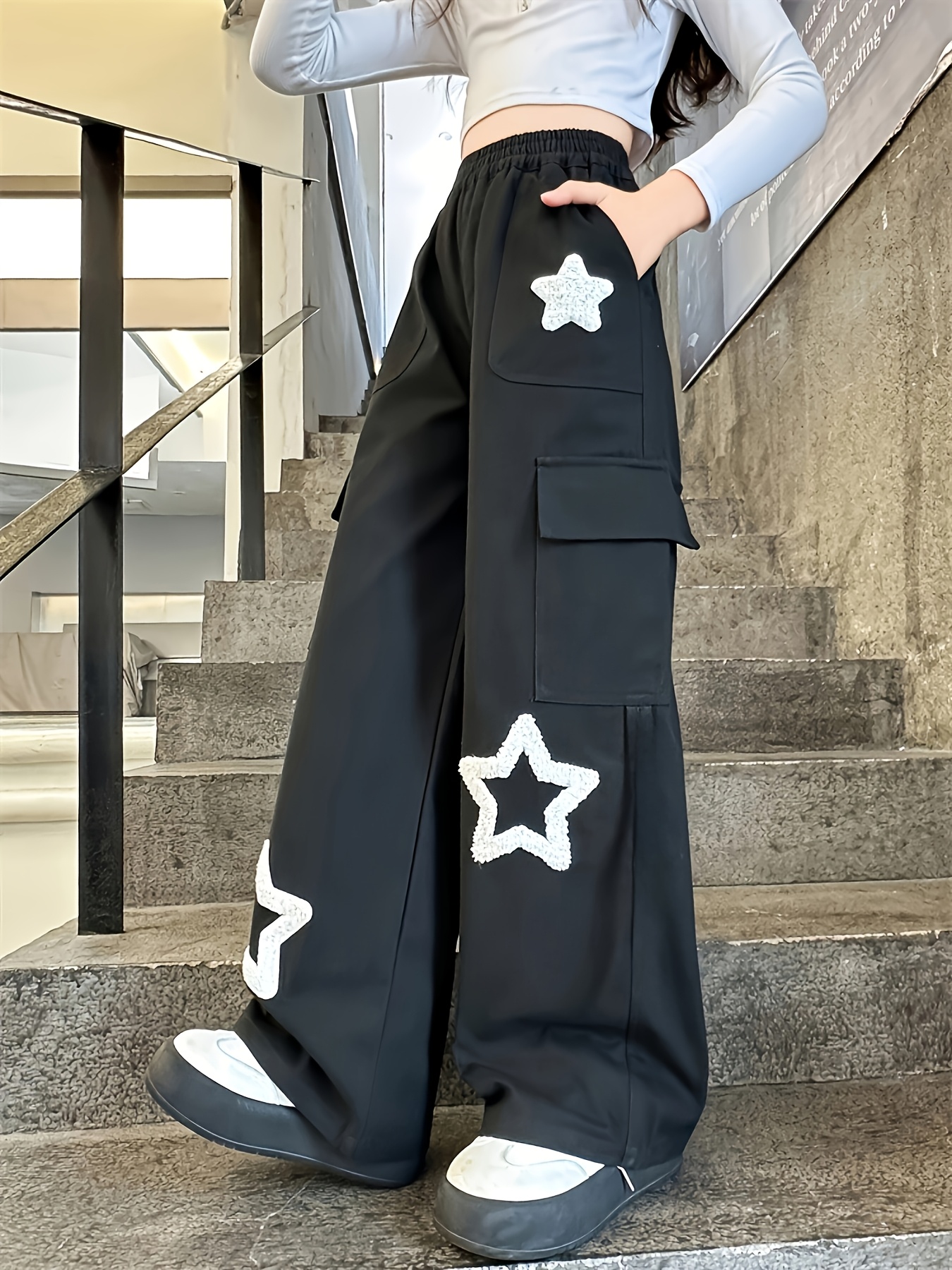 y2k girls american cargo pants soft fabric   embroidery   loose and casual version elastic waist street fashion suitable for outdoor wear   summer and autumn suitable for girls aged  