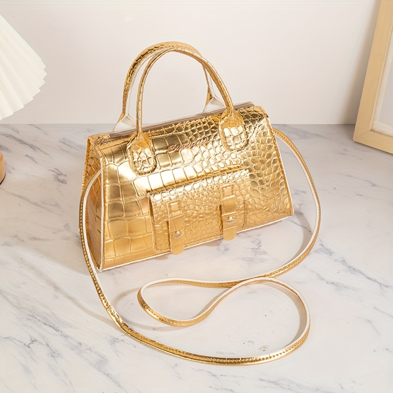 

Elegant Golden Crocodile-embossed Crossbody Bag - Chic Minimalist Handbag With Detachable Strap, Zip Closure, And Leather For Use, Small Crossbody Bag