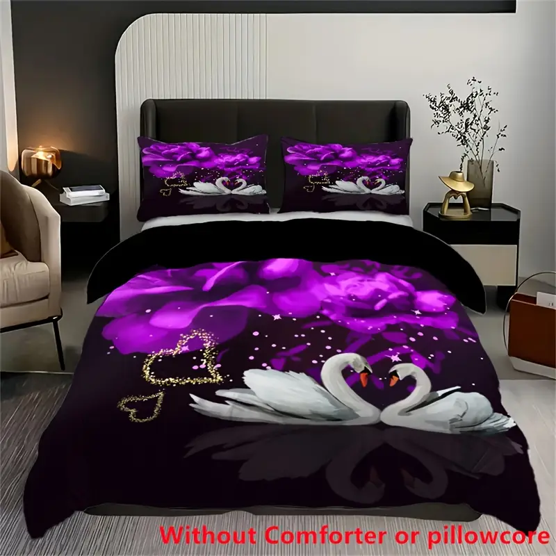 2 3pcs couple love swan purple flower print duvet cover set 1 duvet cover 1 2 pillowcase without core fashion romantic valentines day bedding set for bedroom dorm home decor Product details 3