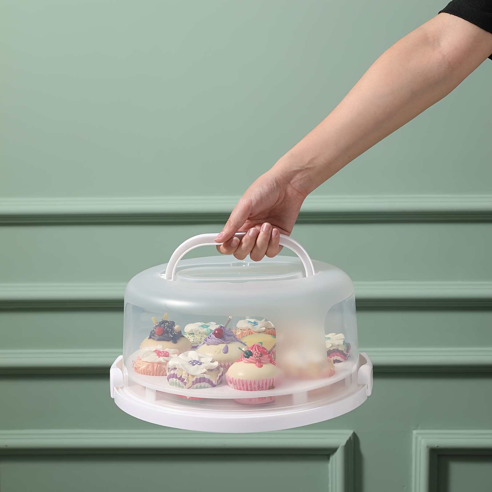 

Portable 8-inch Cake Box, Can Hold 13 Paper Cup Cakes, With Round Paper Holder Inside, With Lid And Handle, Suitable For Transportation And Storage, Cake Cover, Paper Container, Kitchen