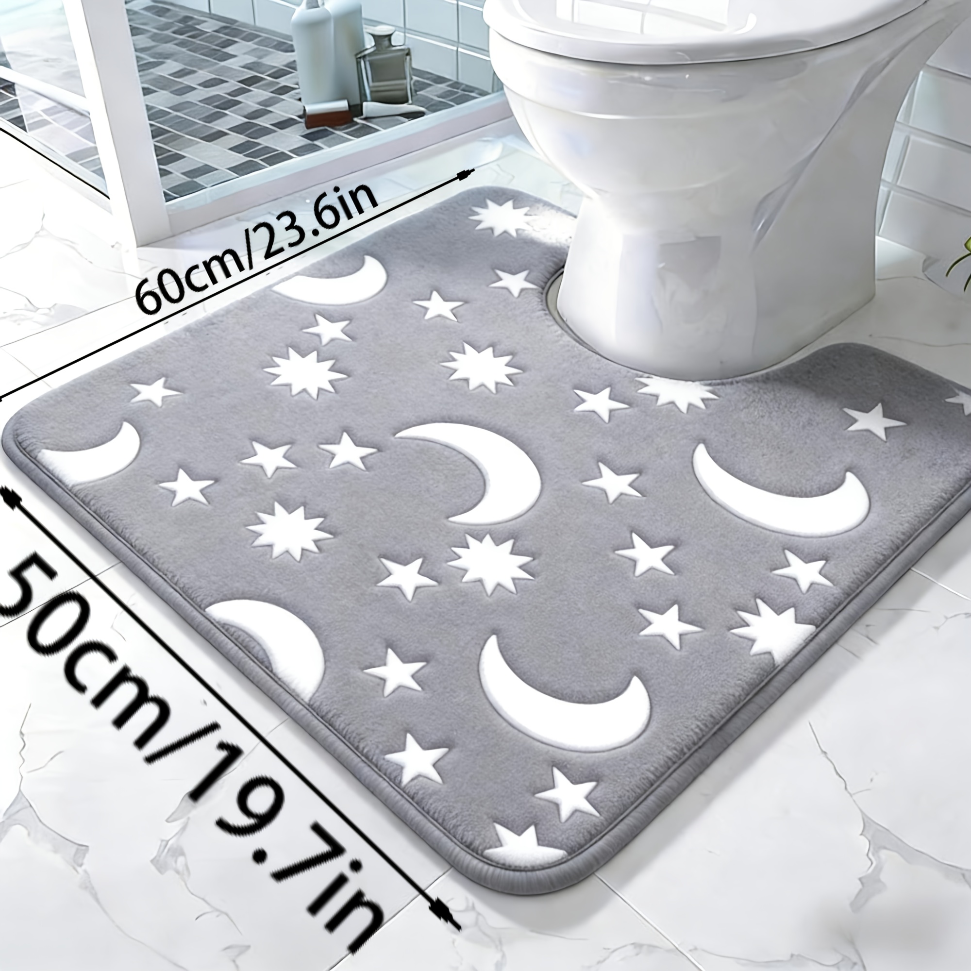 E-shop Im Dunkeln Leuchtende Badematte mit Mond- und Sternenmuster, rutschfest, wasserabsorbierend, bequeme Badematte, U-förmige Toilettendecke, super
