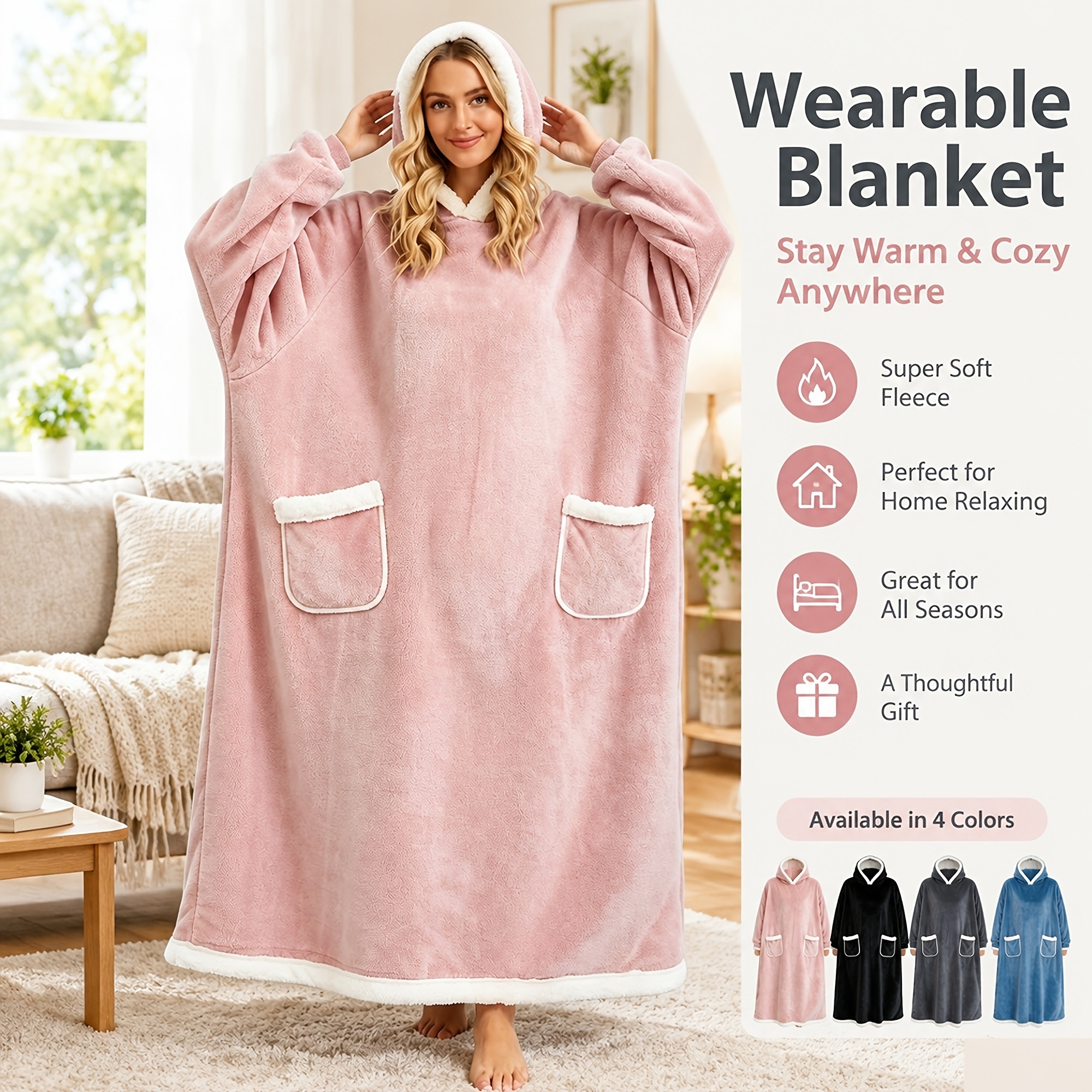 TEMU 1pc Oversized Wearable Hooded Blanket - Warm Cozy Hoodie Plus-size Pajamas, Machine Washable Winter Comforter For Couch & Bed, - Contemporary