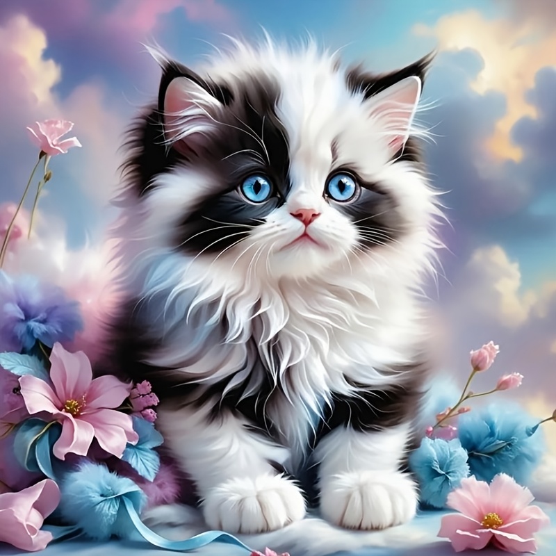 

5d Diamond Painting Kit, Animal Theme - Fluffy Kitten With Clouds, Round Diamond Art Set, Canvas Material, Diy Craft For Home Wall Decor, 40x40cm