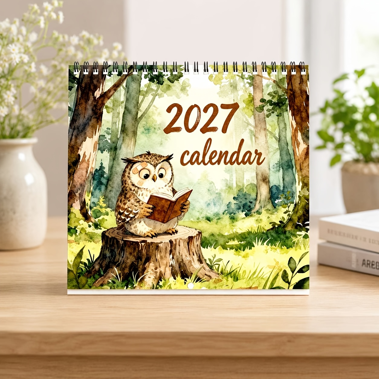 TEMU Calendrier 2027 de 12 mois avec des illustrations de hiboux mignonnes et amusantes, reliure spirale et impression en papier épais laminé , idéal