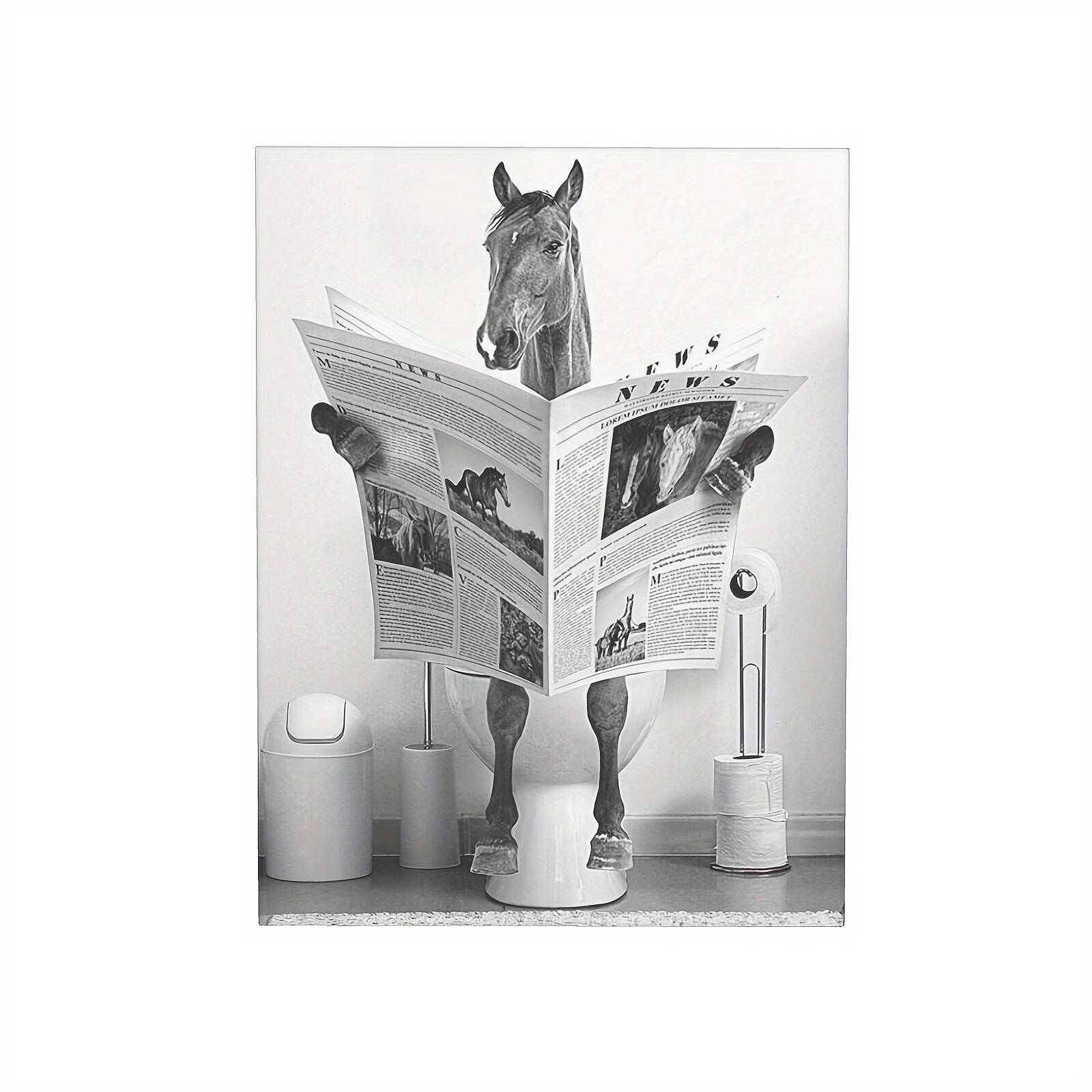 

1pc, Fun Horse Bathroom Canvas Wall Art Black And White Fun Farmhouse Bathroom Horse Sitting On Toilet Reading Newspaper Bathroom Horse Art Ready To Hang Frameless 12 X 16 Inches Eid Al-adha Mubarak