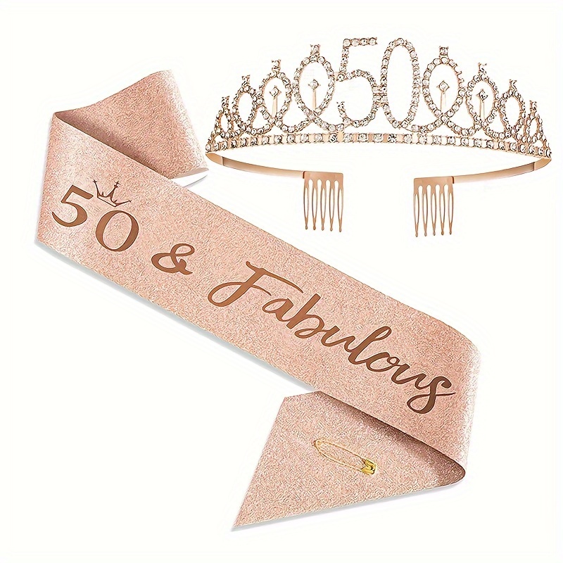 

50th Birthday Celebration Accessories Set - Rose Golden Crown & Sash For Women, Elegant '' Birthday Party Decorations, No Electricity Or Feathers Required