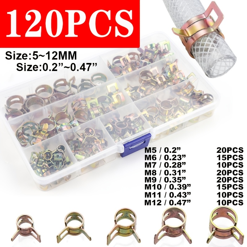 TEMU 120pcs Spring Japanese Press Size 5-12mm, Galvanized Tube Clamp Box Set, Suitable For Water Pipes, Hoses, And Automotive Additions Fuel Line