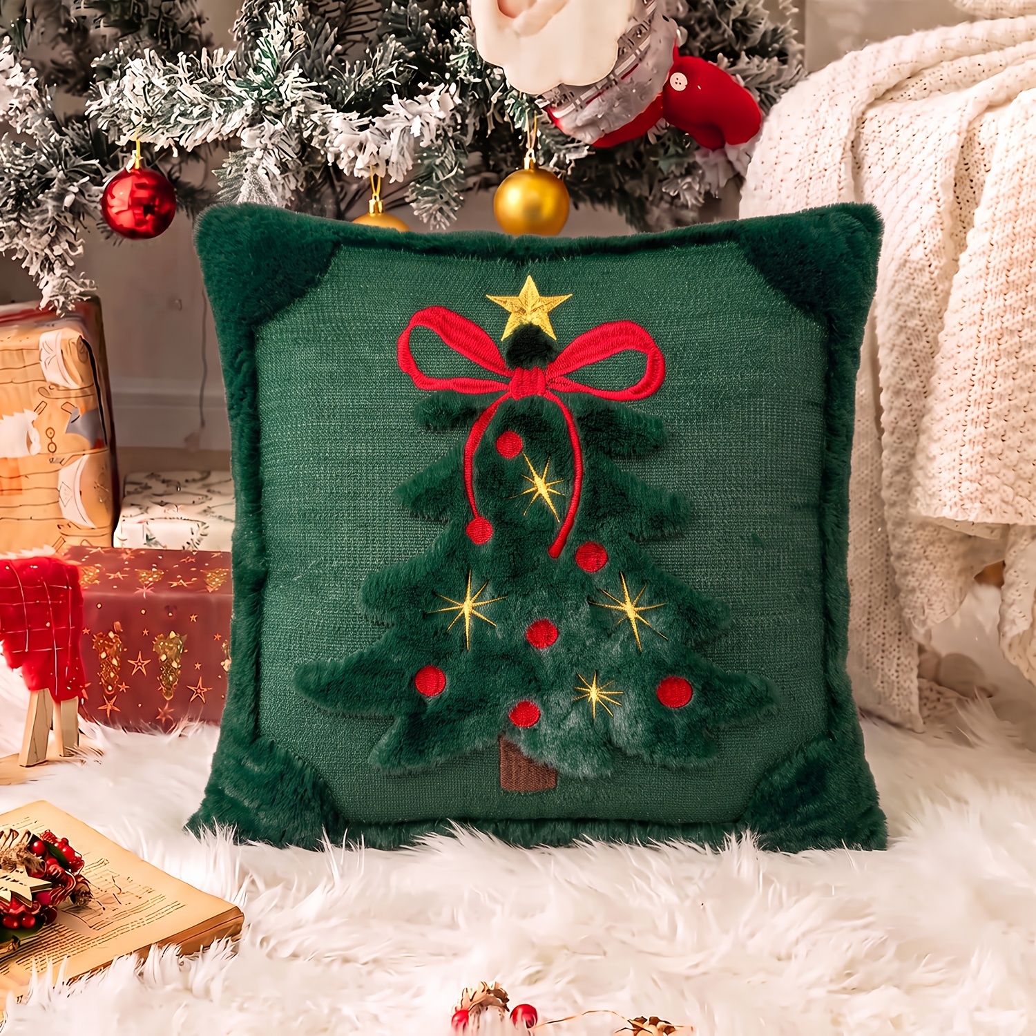TEMU 1 housse de coussin 3D jacquard arbre de Noël avec nœud, hiver peluche brodée, 18X18 pouces, housse de coussin de décoration bohème d'esthétique