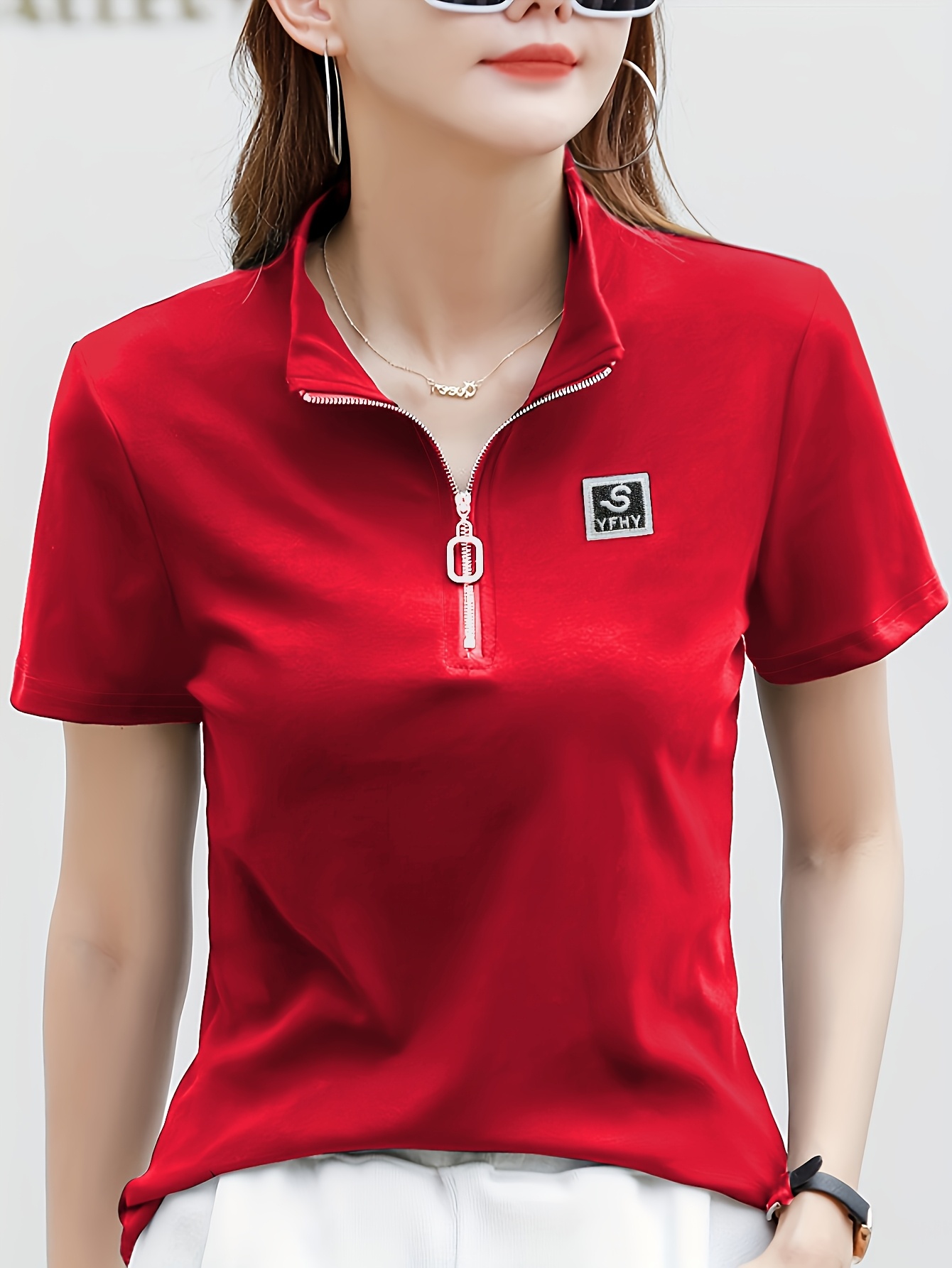 Women's T-Shirt Elegant High Neck Zipper Front, Stretchy Fabric Casual  Everyday Formal Outfits Machine Washable White for Women, Summer Com