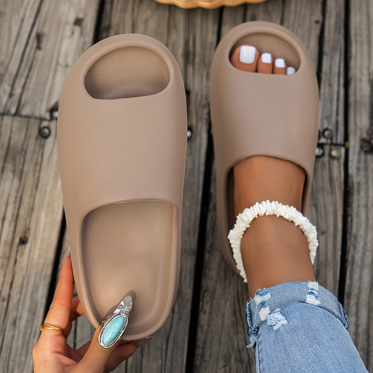 

Solid Color Minimalist Pillow Slides, Soft Sole Lightweight Slip On Home Shower Slides, Non-slip Summer Slides
