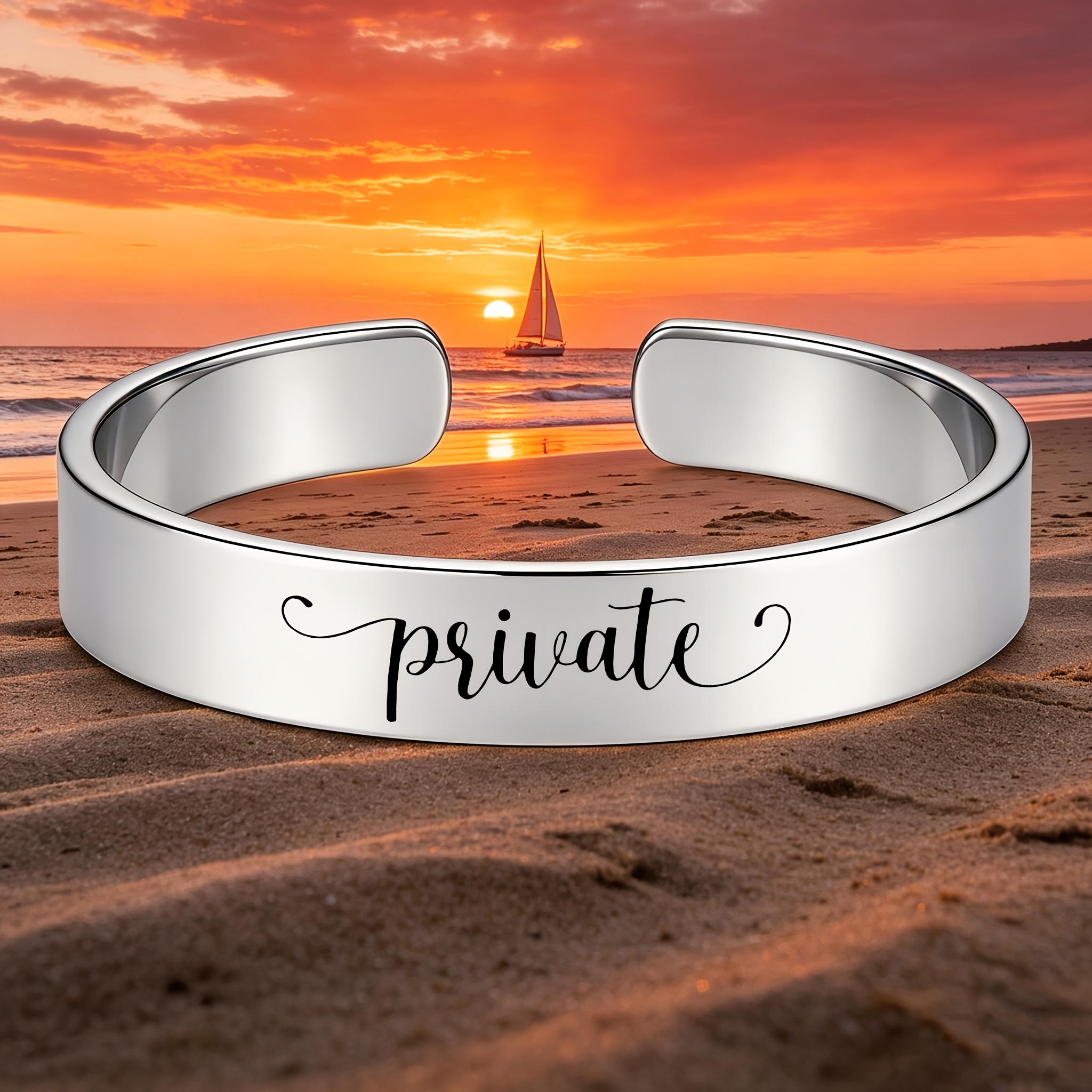 Elegant Cursive "Private" Design Open Bangle Bracelet