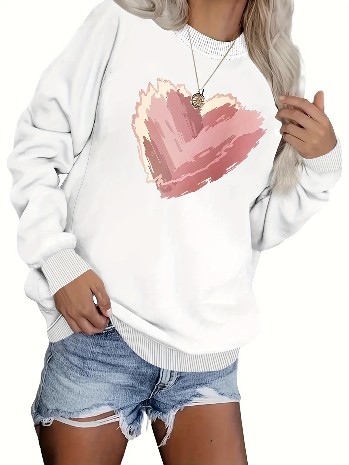 Heart Print Sweatshirt Plus Size Casual Long Sleeve Crew Temu New Zealand