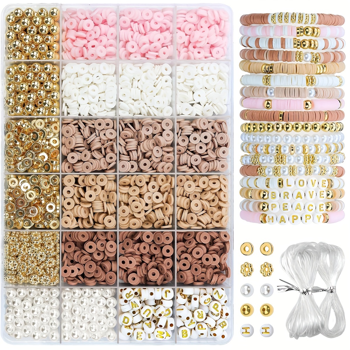 

1800pcs Bracelet Making Kit, Pink Brown 5 Colors Flat Polymer Clay Beads With 300pcs Letter Beads Golden Spacer Beads For Making Craft Supplies Gifts